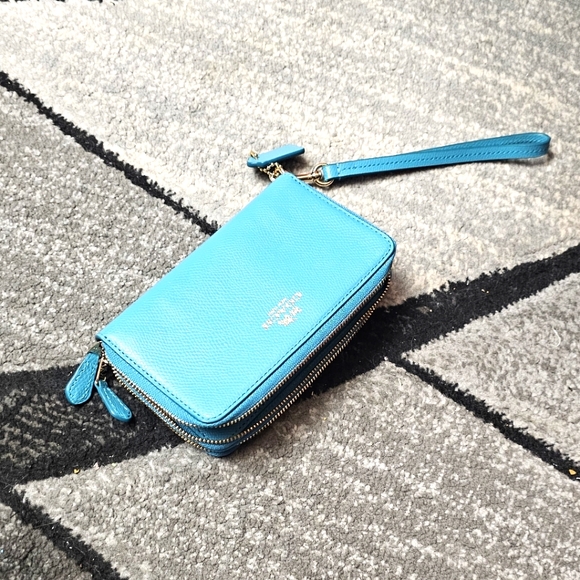Coach Bags EUC Double Zip Bifold Coin Zip Wallet Detachable Wrist Strap Teal - Picture 10 of 16